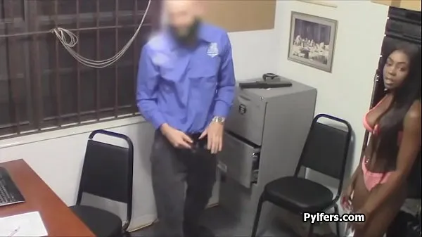 Tonton Ebony thief punished in the back office by the horny security guard Power Tube